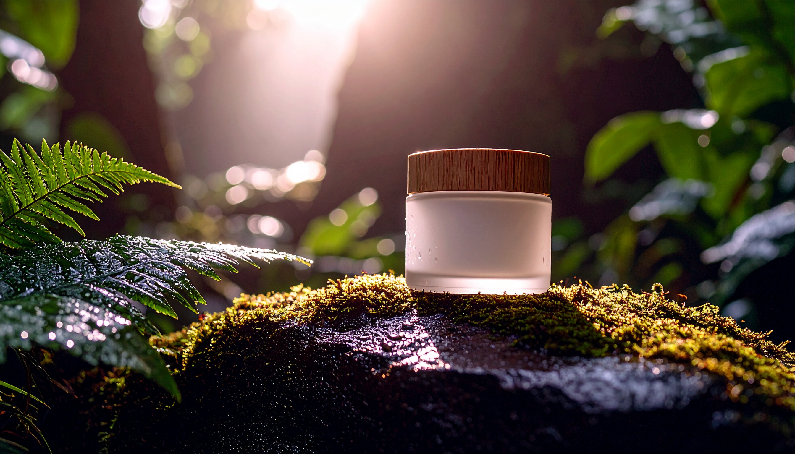 Um frasco de cosmético de vidro fosco com tampa de madeira repousa sobre uma superfície coberta de musgo, em meio a uma floresta exuberante. A luz do sol penetra suavemente através das árvores, criando um efeito de bokeh ao fundo, enquanto folhas verdes vibrantes destacam-se na cena. A composição enfatiza a conexão com a natureza, utilizando iluminação natural para transmitir uma sensação de frescor e tranquilidade.